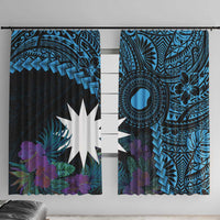 Blue Nauru Window Curtain Naoero Map With Polynesian Tropical Flowers LT14 With Hooks Blue - Polynesian Pride