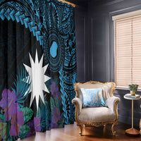 Blue Nauru Window Curtain Naoero Map With Polynesian Tropical Flowers LT14 - Polynesian Pride