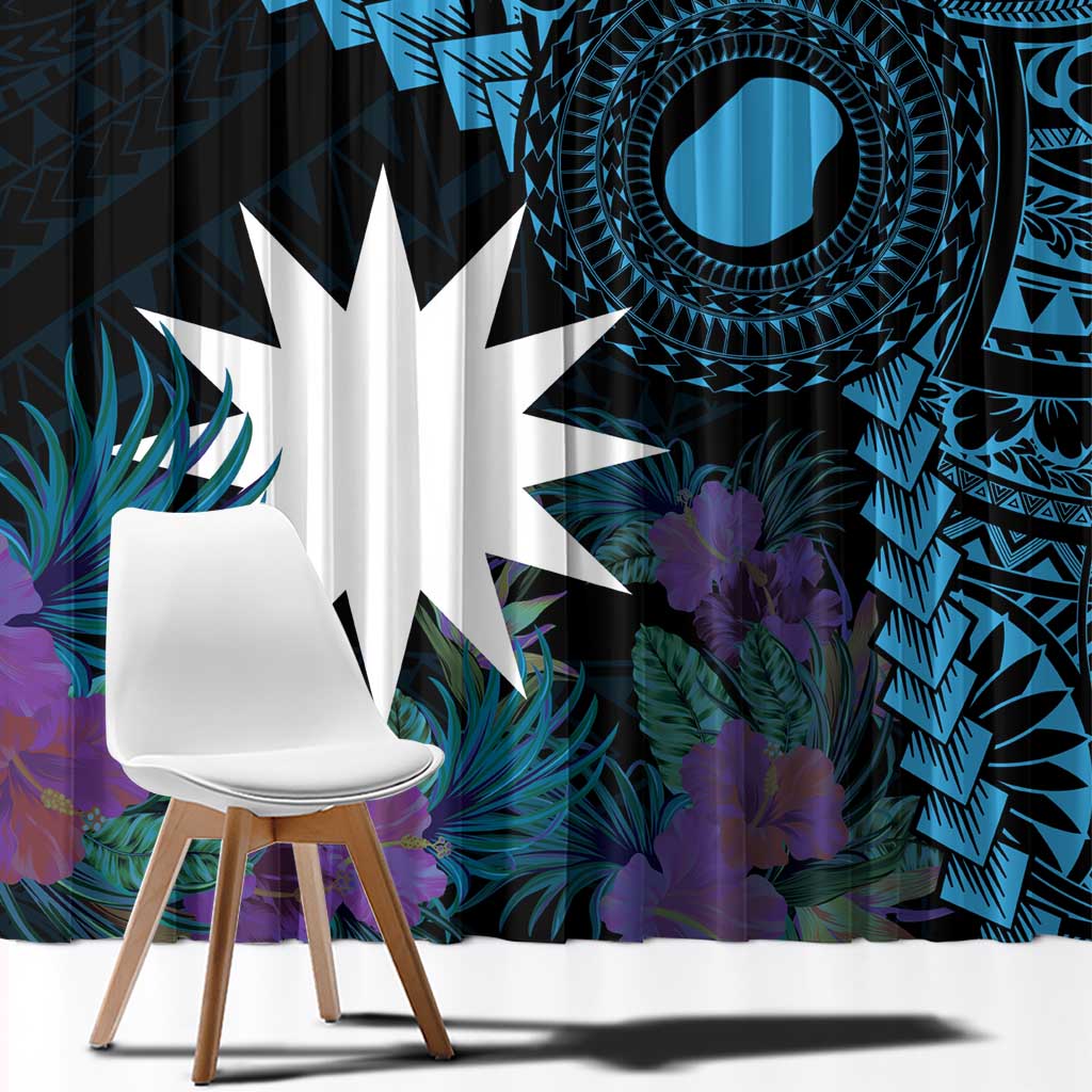 Blue Nauru Window Curtain Naoero Map With Polynesian Tropical Flowers LT14 - Polynesian Pride