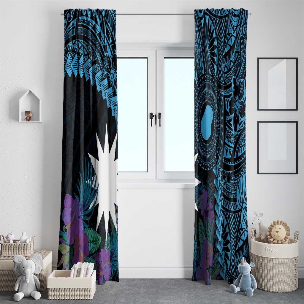 Blue Nauru Window Curtain Naoero Map With Polynesian Tropical Flowers LT14 - Polynesian Pride