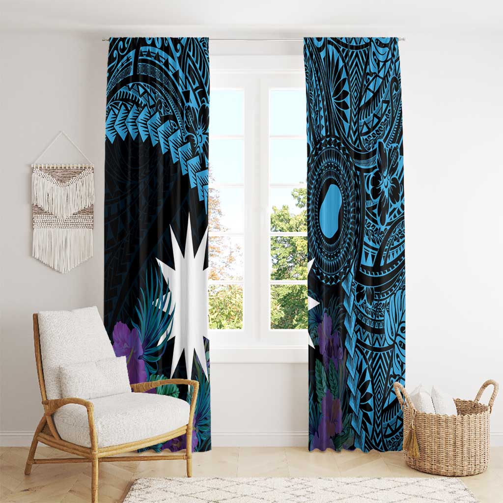 Blue Nauru Window Curtain Naoero Map With Polynesian Tropical Flowers LT14 - Polynesian Pride
