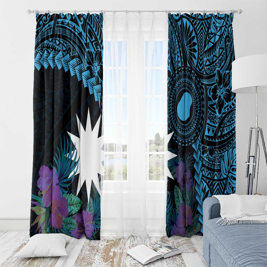 Blue Nauru Window Curtain Naoero Map With Polynesian Tropical Flowers LT14 - Polynesian Pride