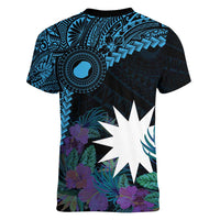 Blue Nauru Women V-Neck T-Shirt Naoero Map With Polynesian Tropical Flowers