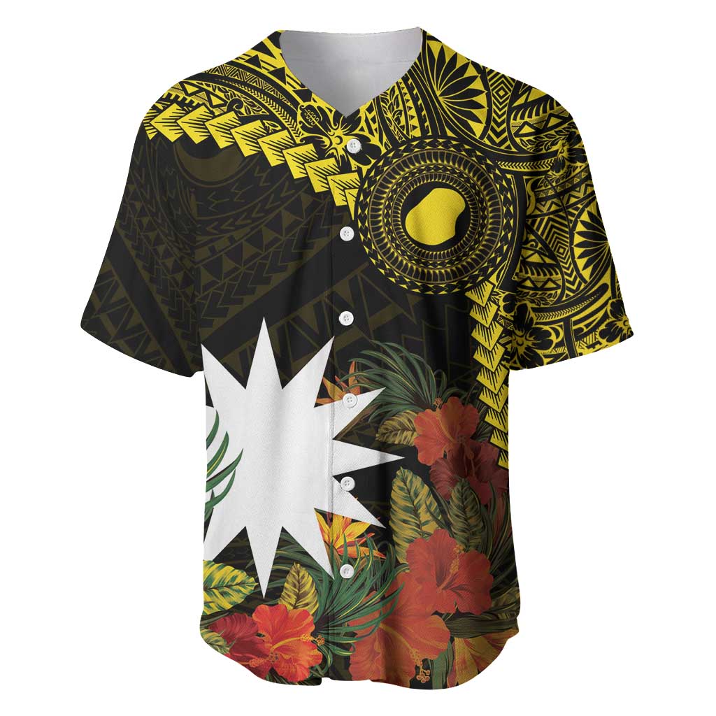 Gold Nauru Baseball Jersey Naoero Map With Polynesian Tropical Flowers LT14 Gold - Polynesian Pride