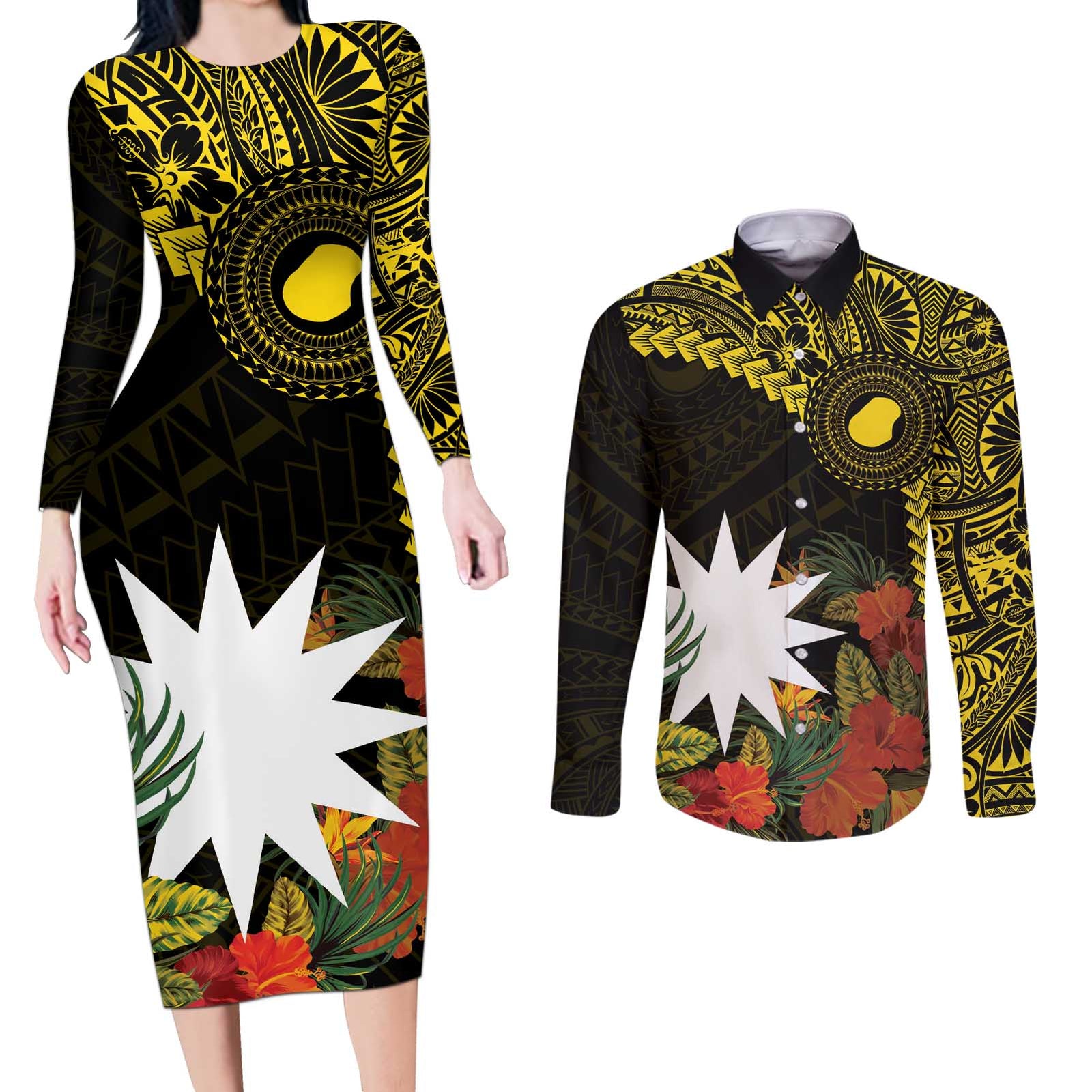 Gold Nauru Couples Matching Long Sleeve Bodycon Dress and Long Sleeve Button Shirt Naoero Map With Polynesian Tropical Flowers LT14 Gold - Polynesian Pride