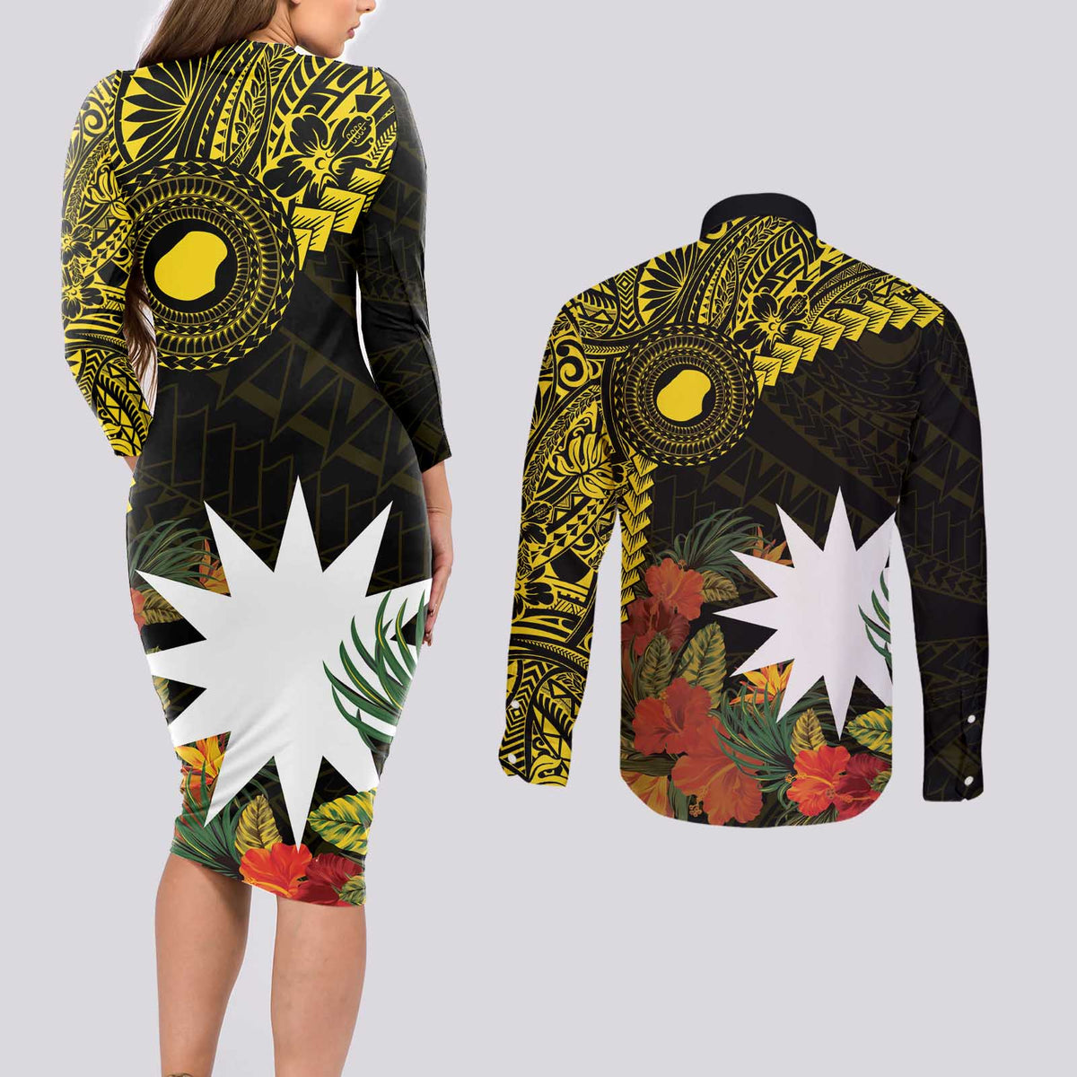 Gold Nauru Couples Matching Long Sleeve Bodycon Dress and Long Sleeve Button Shirt Naoero Map With Polynesian Tropical Flowers