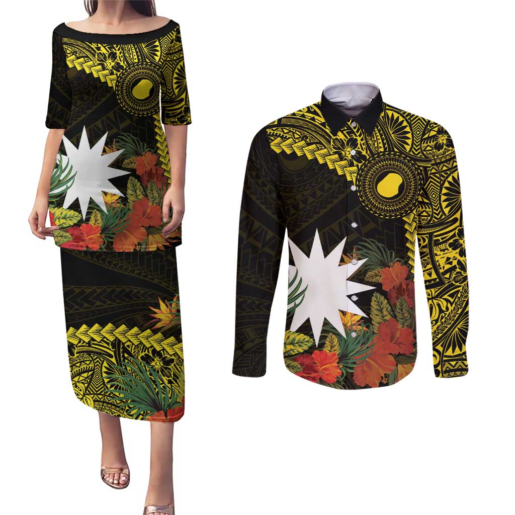 Gold Nauru Couples Matching Puletasi and Long Sleeve Button Shirt Naoero Map With Polynesian Tropical Flowers LT14 Gold - Polynesian Pride