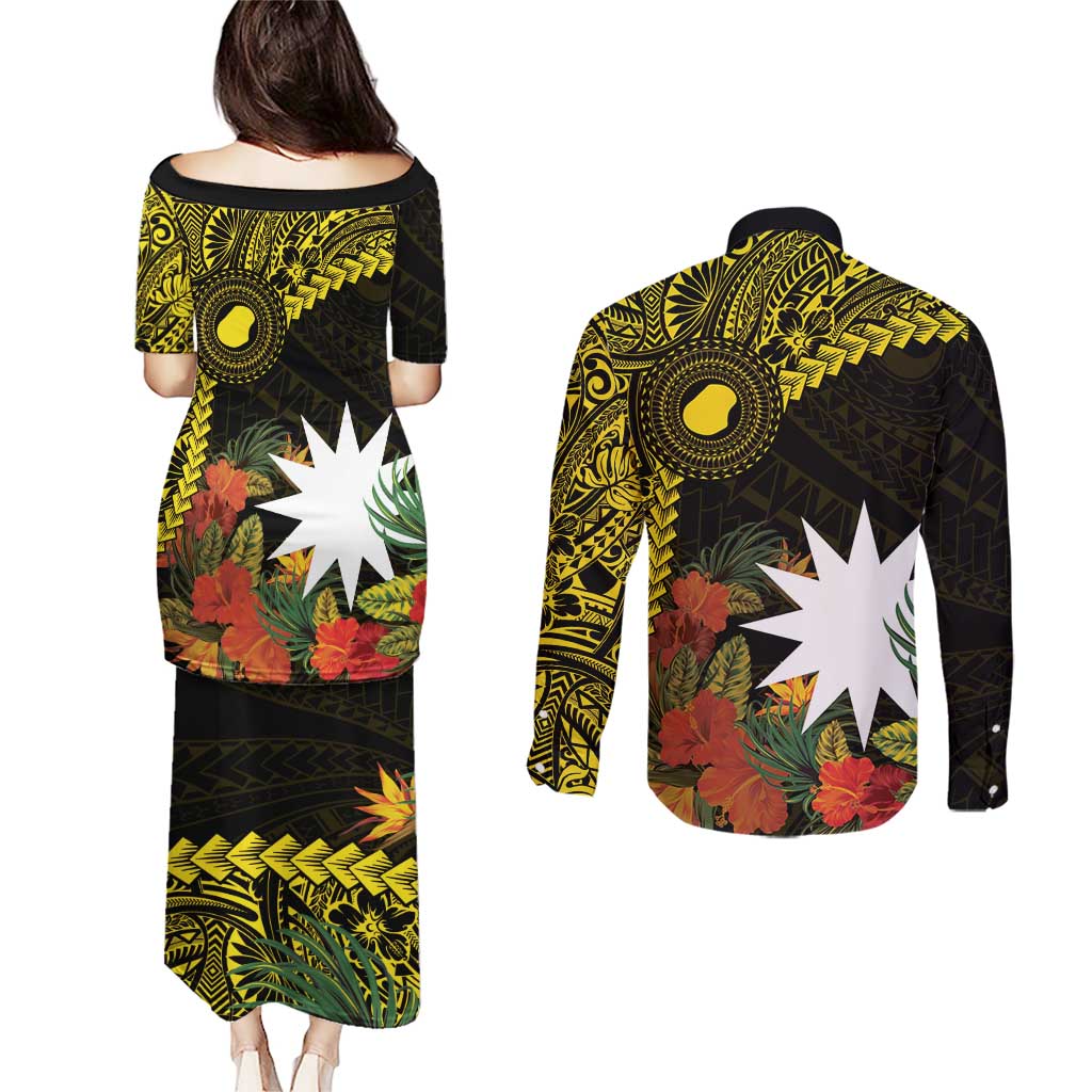 Gold Nauru Couples Matching Puletasi and Long Sleeve Button Shirt Naoero Map With Polynesian Tropical Flowers LT14 - Polynesian Pride