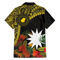 Gold Nauru Family Matching Long Sleeve Bodycon Dress and Hawaiian Shirt Naoero Map With Polynesian Tropical Flowers
