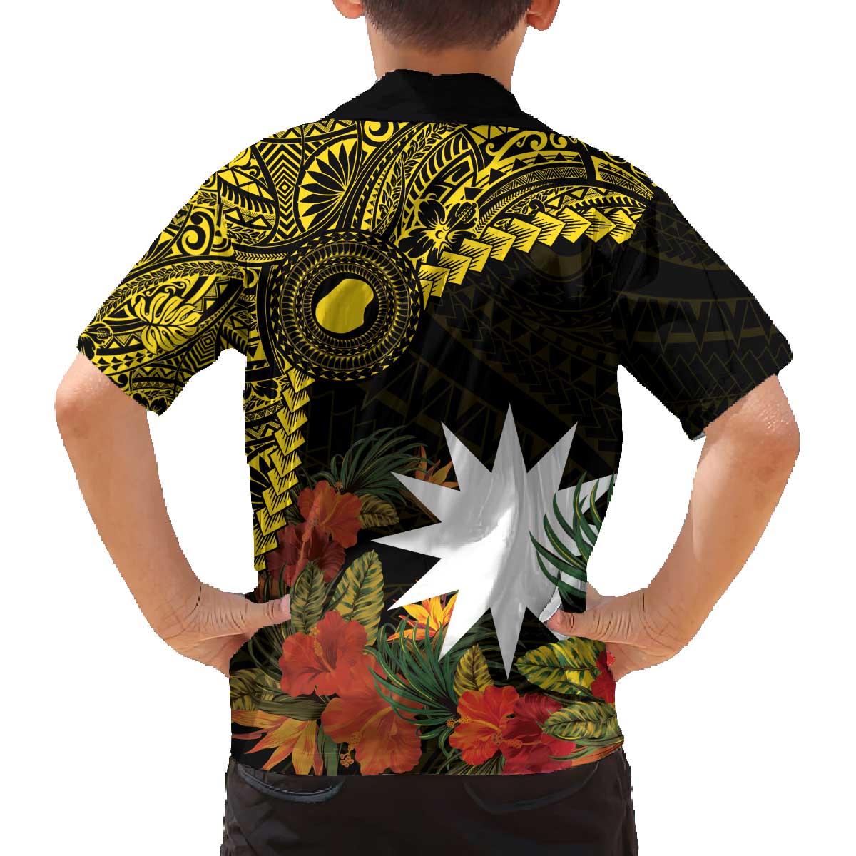 Gold Nauru Family Matching Off The Shoulder Long Sleeve Dress and Hawaiian Shirt Naoero Map With Polynesian Tropical Flowers LT14 - Polynesian Pride