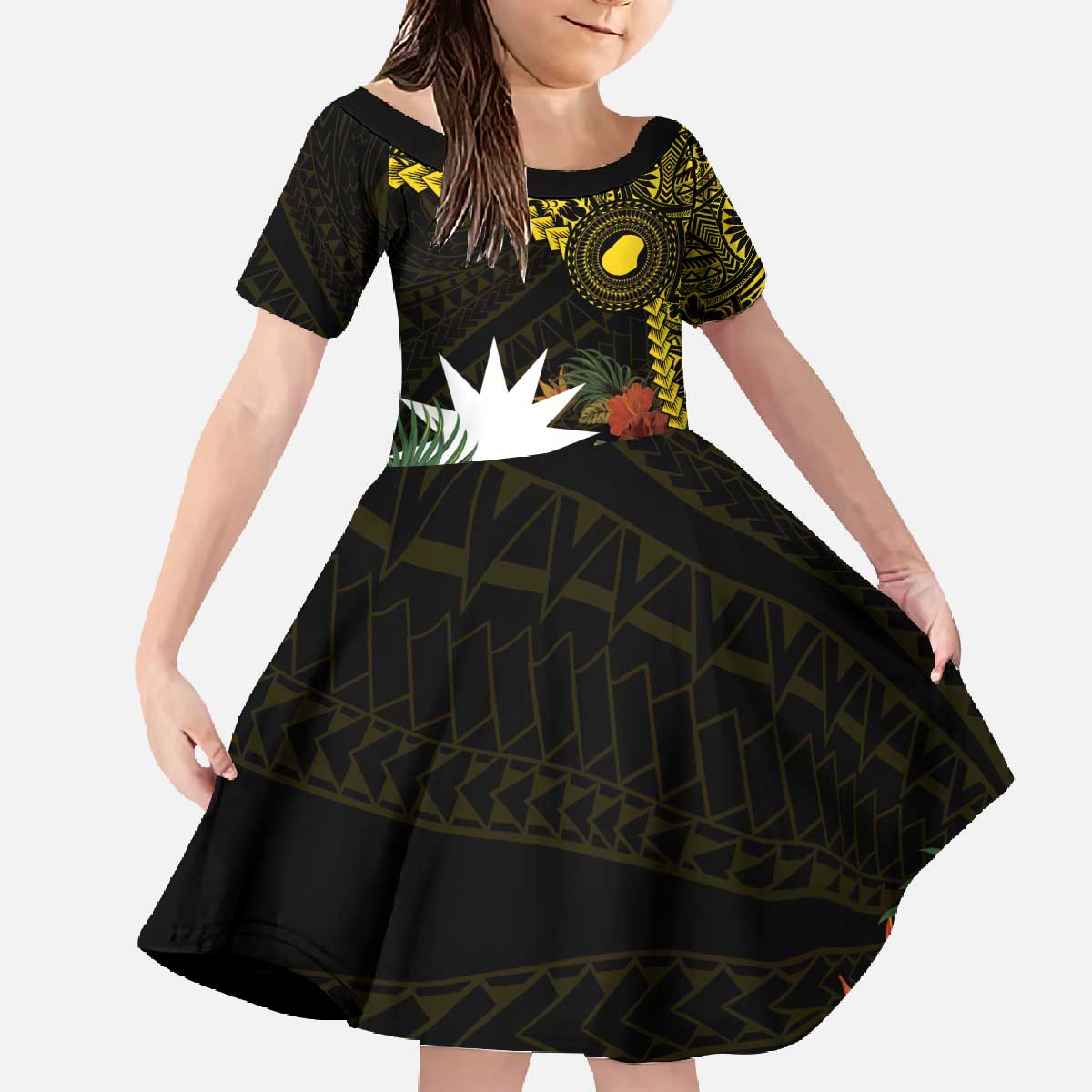 Gold Nauru Family Matching Off The Shoulder Long Sleeve Dress and Hawaiian Shirt Naoero Map With Polynesian Tropical Flowers LT14 Daughter's Dress Gold - Polynesian Pride