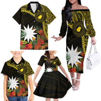 Gold Nauru Family Matching Off The Shoulder Long Sleeve Dress and Hawaiian Shirt Naoero Map With Polynesian Tropical Flowers LT14 - Polynesian Pride