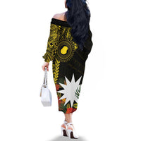 Gold Nauru Family Matching Off The Shoulder Long Sleeve Dress and Hawaiian Shirt Naoero Map With Polynesian Tropical Flowers LT14 - Polynesian Pride