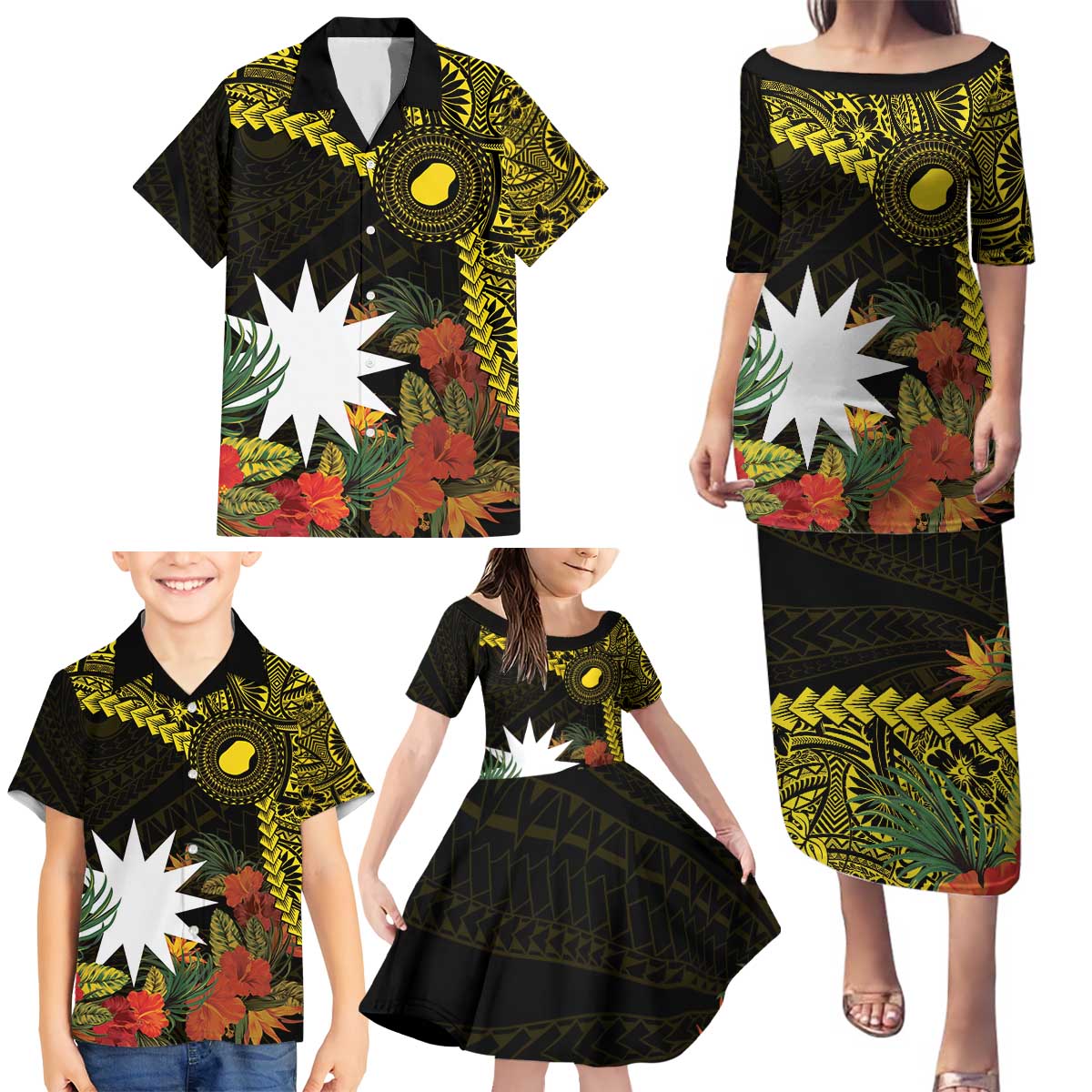Gold Nauru Family Matching Puletasi and Hawaiian Shirt Naoero Map With Polynesian Tropical Flowers LT14 - Polynesian Pride