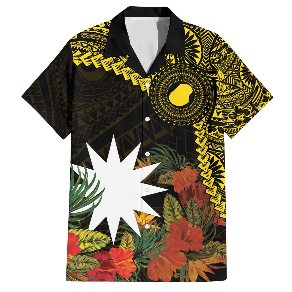 Gold Nauru Family Matching Puletasi and Hawaiian Shirt Naoero Map With Polynesian Tropical Flowers LT14 Dad's Shirt - Short Sleeve Gold - Polynesian Pride