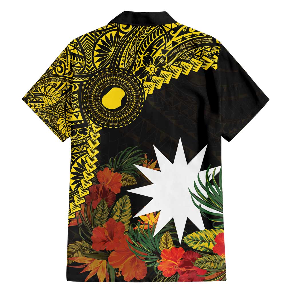 Gold Nauru Family Matching Tank Maxi Dress and Hawaiian Shirt Naoero Map With Polynesian Tropical Flowers LT14 - Polynesian Pride