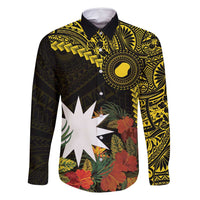 Gold Nauru Family Matching Tank Maxi Dress and Hawaiian Shirt Naoero Map With Polynesian Tropical Flowers LT14 Dad's Shirt - Long Sleeve Gold - Polynesian Pride
