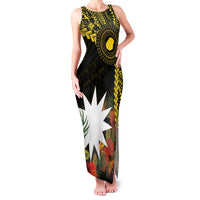 Gold Nauru Family Matching Tank Maxi Dress and Hawaiian Shirt Naoero Map With Polynesian Tropical Flowers LT14 Mom's Dress Gold - Polynesian Pride