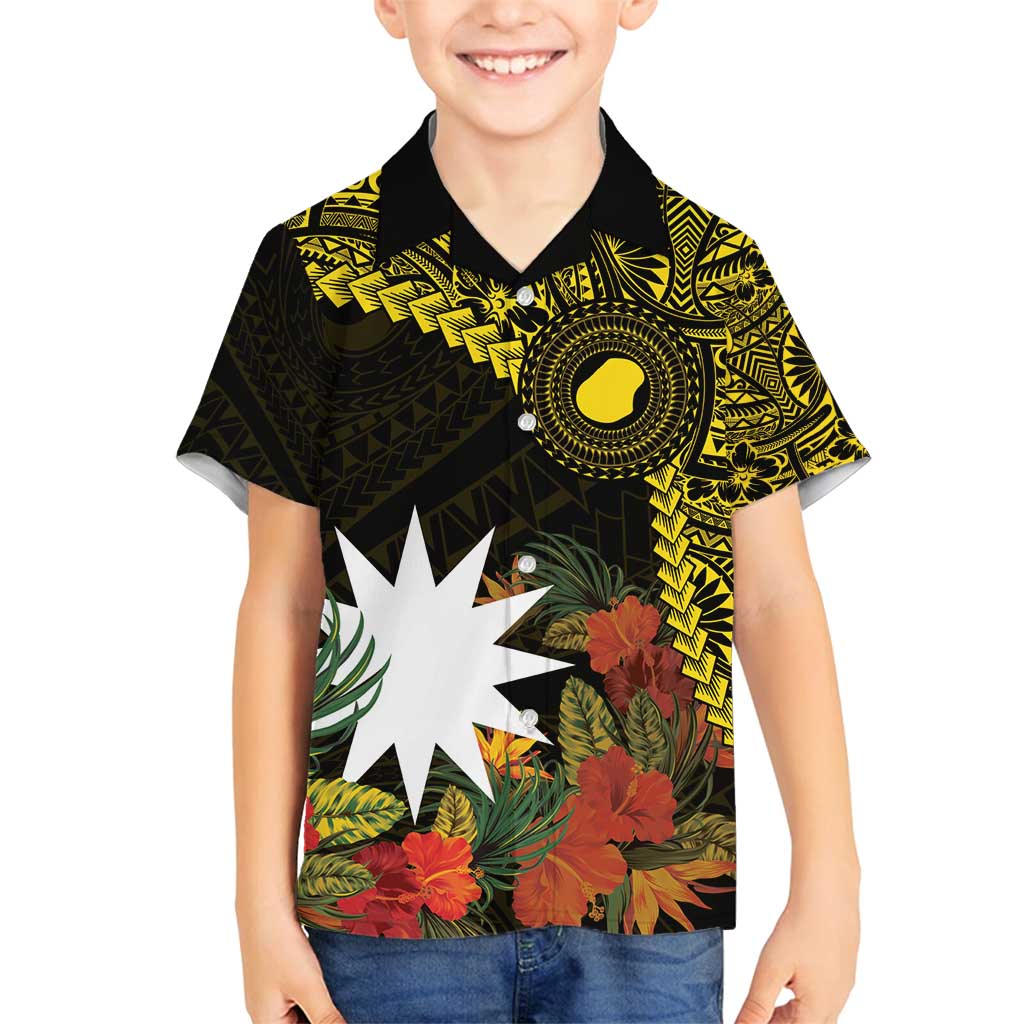 Gold Nauru Family Matching Tank Maxi Dress and Hawaiian Shirt Naoero Map With Polynesian Tropical Flowers LT14 Son's Shirt Gold - Polynesian Pride