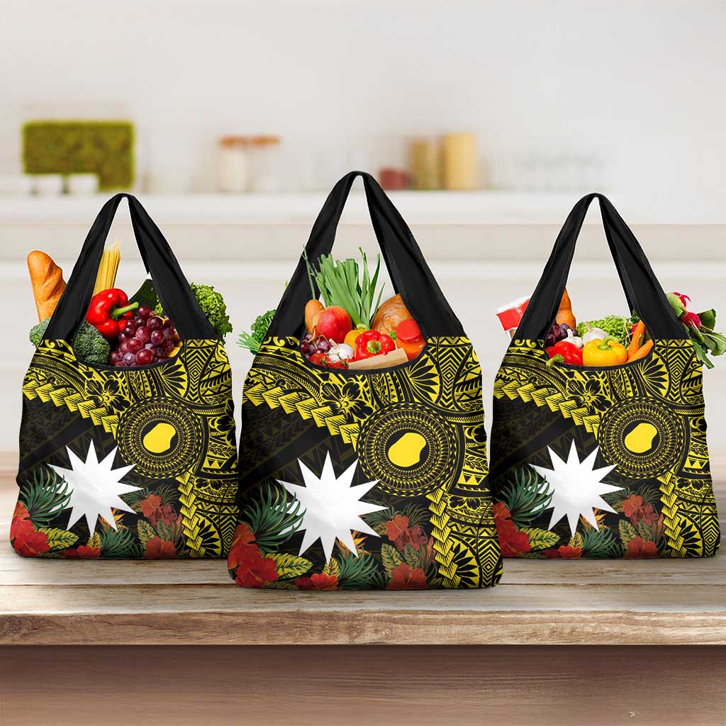 Gold Nauru Grocery Bag Naoero Map With Polynesian Tropical Flowers LT14 3-pack One Size Gold - Polynesian Pride
