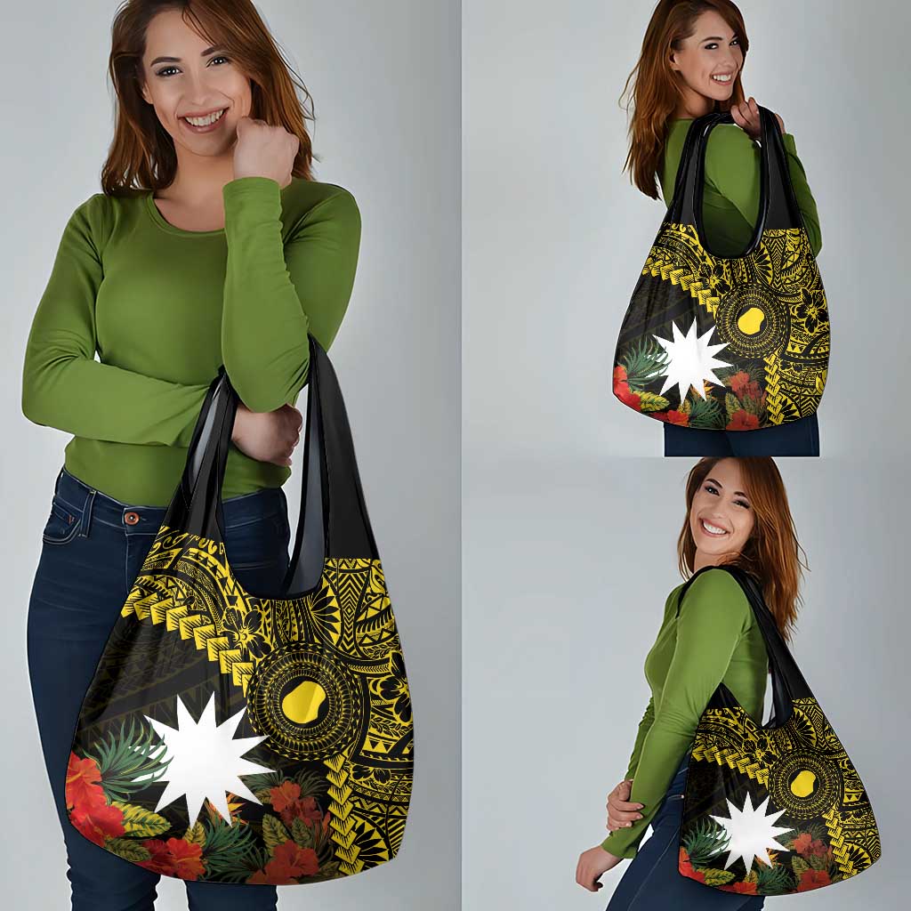 Gold Nauru Grocery Bag Naoero Map With Polynesian Tropical Flowers LT14 - Polynesian Pride