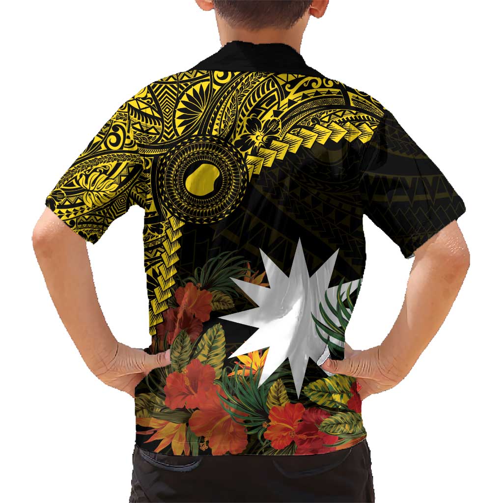 Gold Nauru Kid Hawaiian Shirt Naoero Map With Polynesian Tropical Flowers