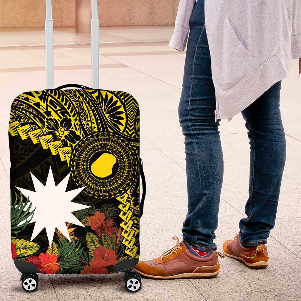 Gold Nauru Luggage Cover Naoero Map With Polynesian Tropical Flowers LT14 Gold - Polynesian Pride