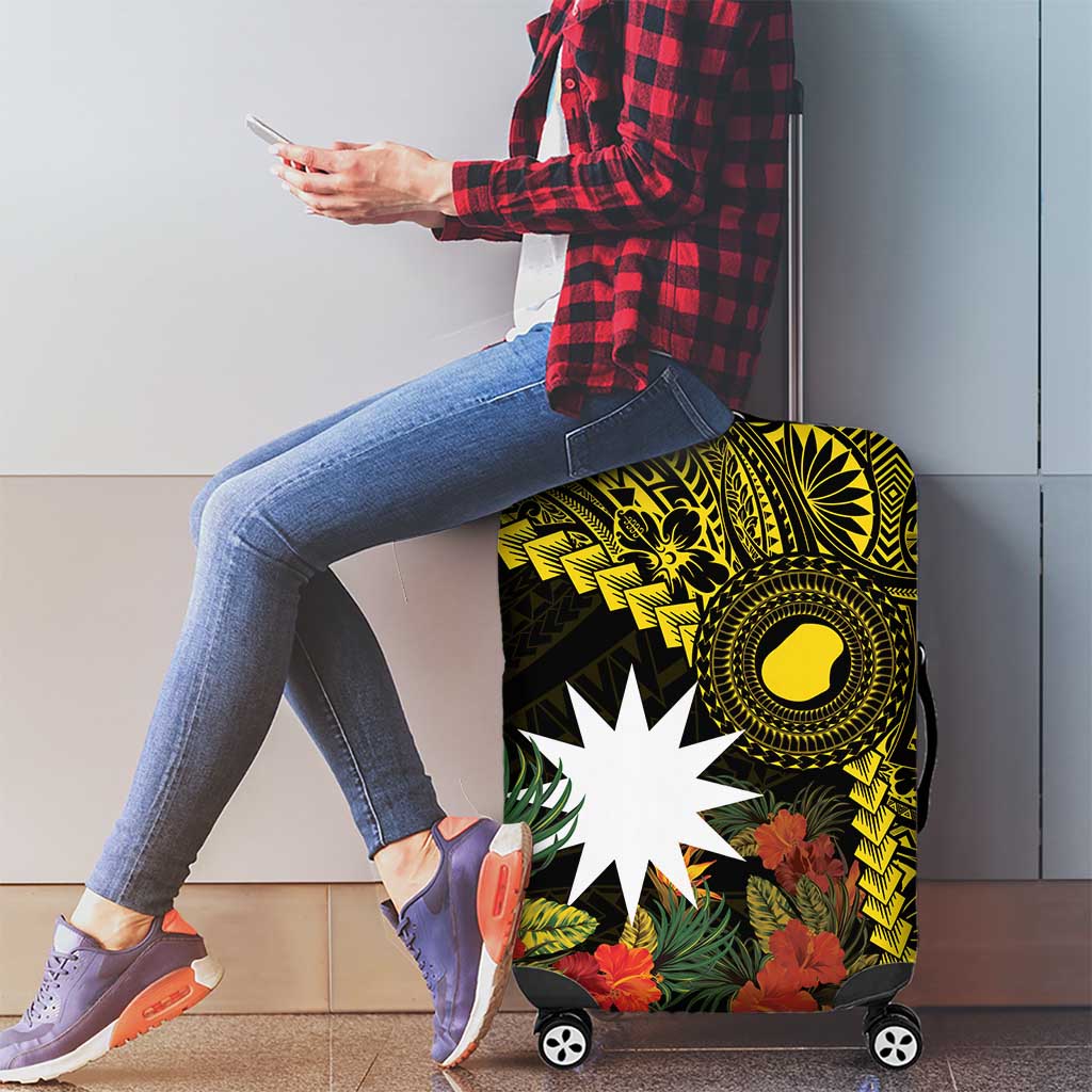 Gold Nauru Luggage Cover Naoero Map With Polynesian Tropical Flowers LT14 - Polynesian Pride