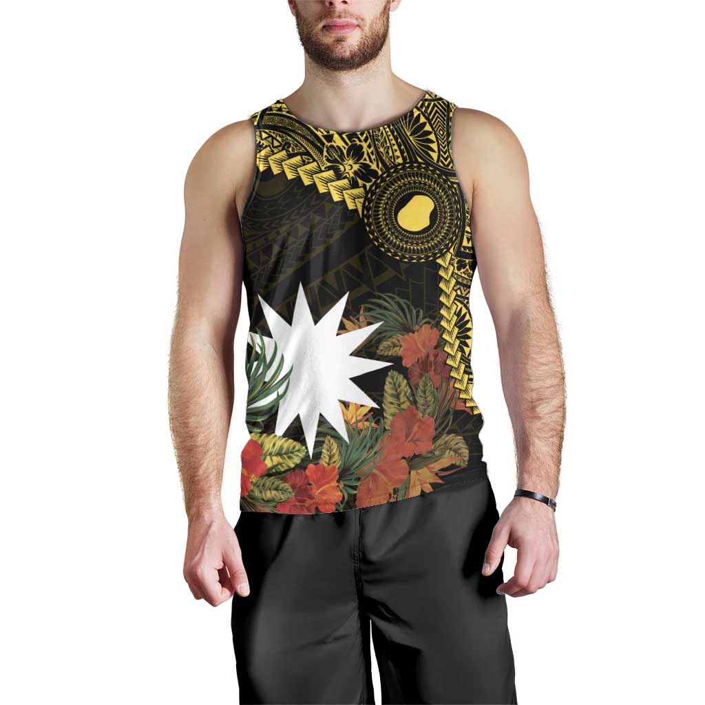 Gold Nauru Men Tank Top Naoero Map With Polynesian Tropical Flowers