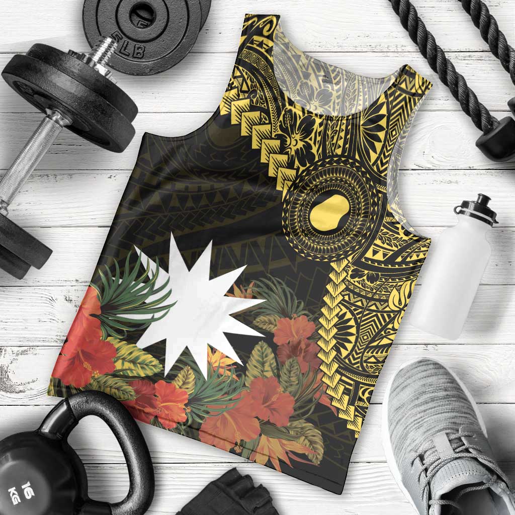 Gold Nauru Men Tank Top Naoero Map With Polynesian Tropical Flowers