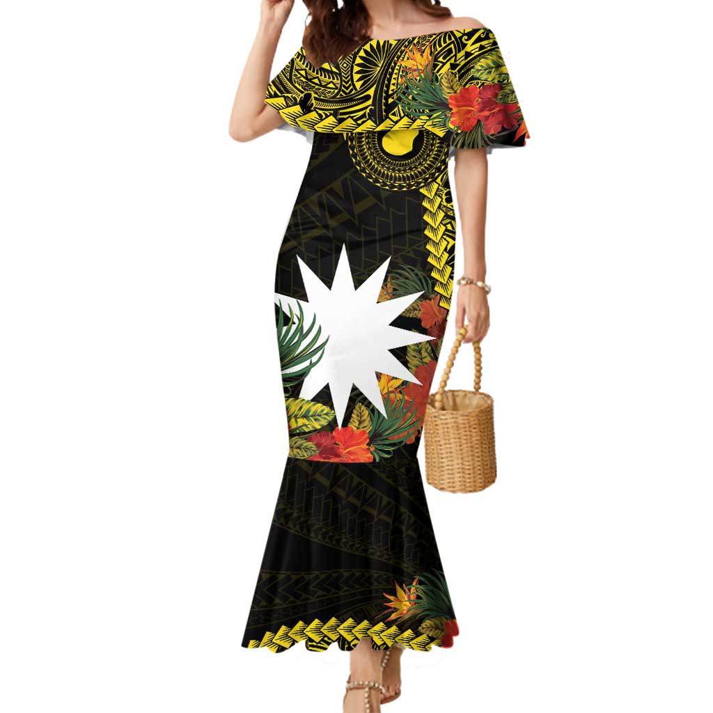 Gold Nauru Mermaid Dress Naoero Map With Polynesian Tropical Flowers LT14 Women Gold - Polynesian Pride