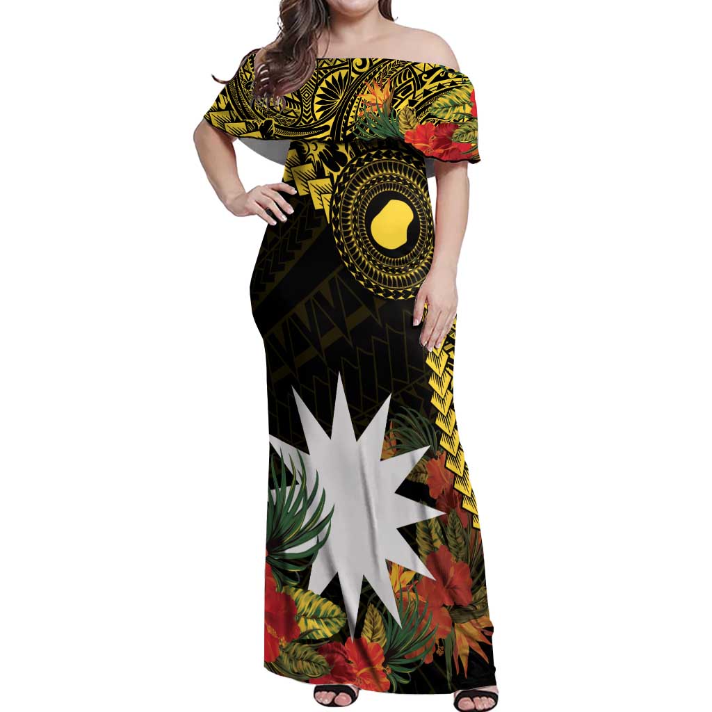 Gold Nauru Off Shoulder Maxi Dress Naoero Map With Polynesian Tropical Flowers LT14 Women Gold - Polynesian Pride