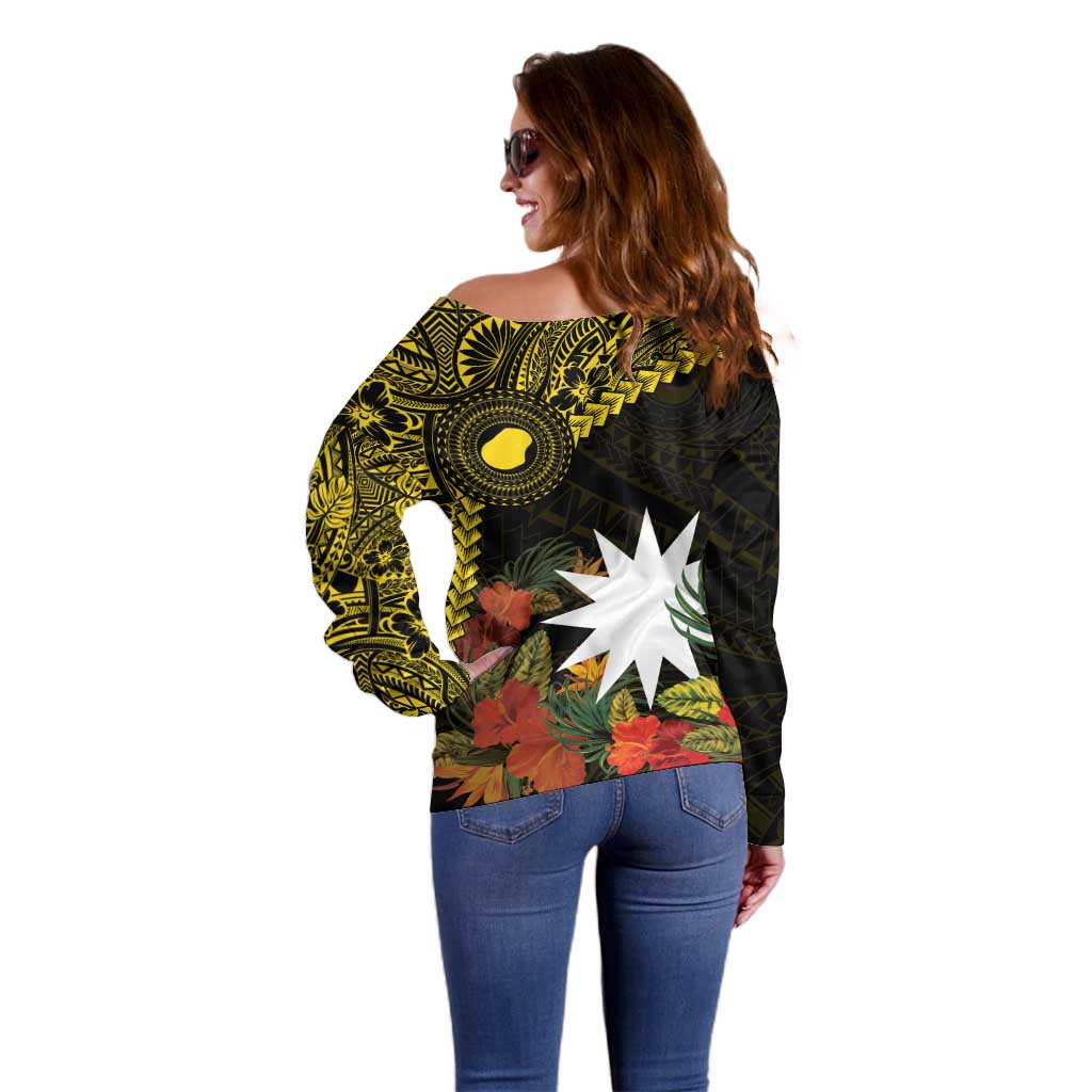 Gold Nauru Off Shoulder Sweater Naoero Map With Polynesian Tropical Flowers