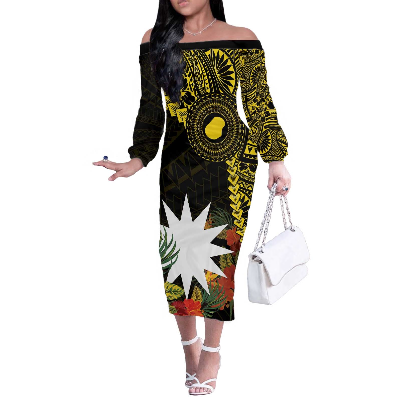 Gold Nauru Off The Shoulder Long Sleeve Dress Naoero Map With Polynesian Tropical Flowers LT14 Women Gold - Polynesian Pride