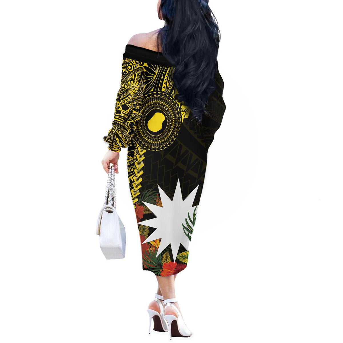 Gold Nauru Off The Shoulder Long Sleeve Dress Naoero Map With Polynesian Tropical Flowers LT14 - Polynesian Pride