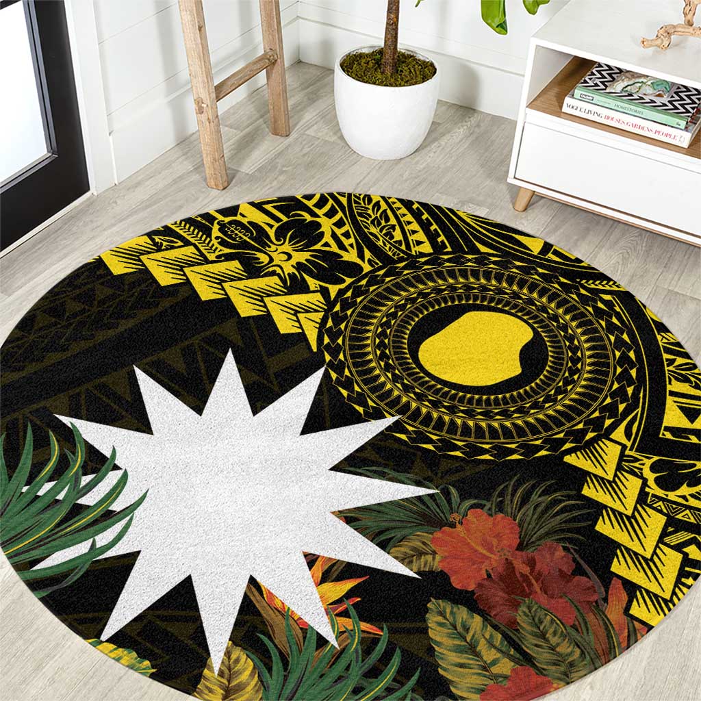 Gold Nauru Round Carpet Naoero Map With Polynesian Tropical Flowers LT14 Gold - Polynesian Pride