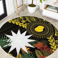 Gold Nauru Round Carpet Naoero Map With Polynesian Tropical Flowers LT14 Gold - Polynesian Pride