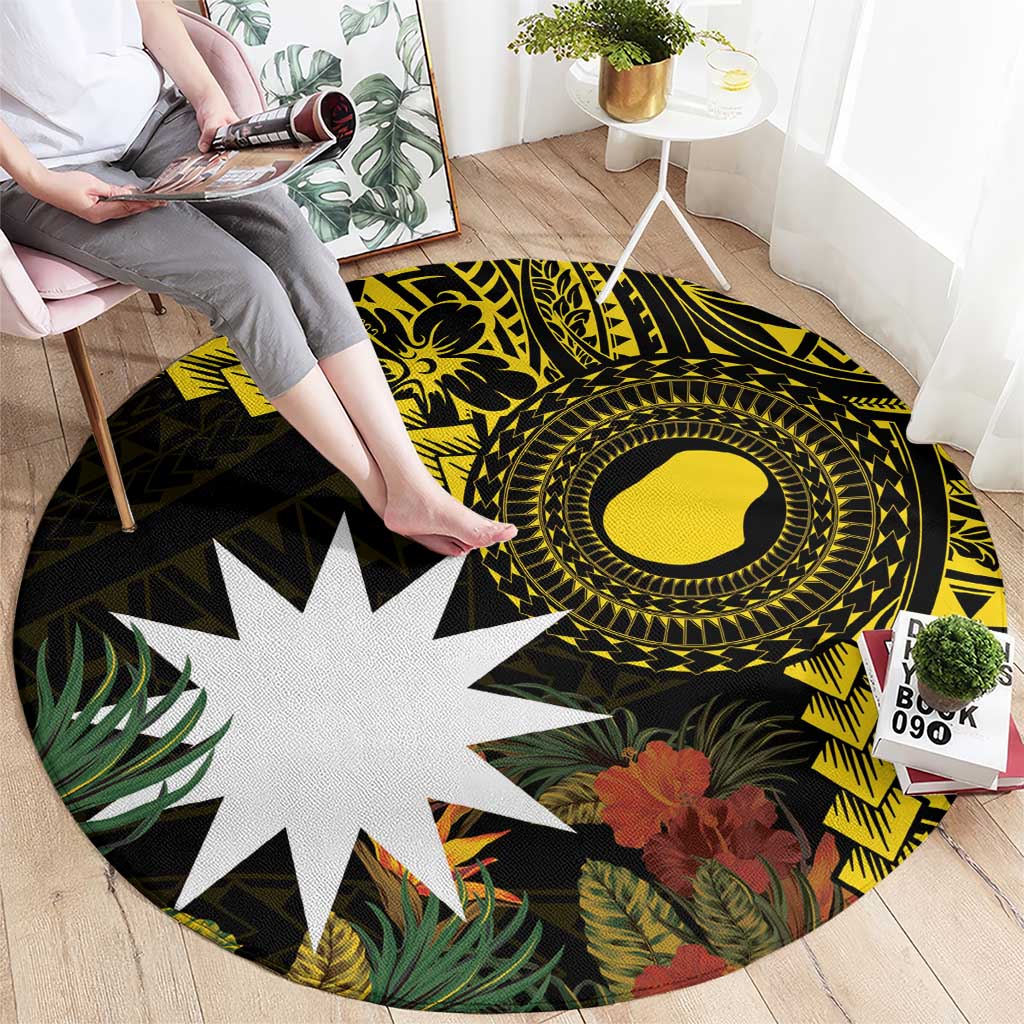 Gold Nauru Round Carpet Naoero Map With Polynesian Tropical Flowers LT14 - Polynesian Pride