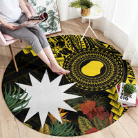 Gold Nauru Round Carpet Naoero Map With Polynesian Tropical Flowers LT14 - Polynesian Pride
