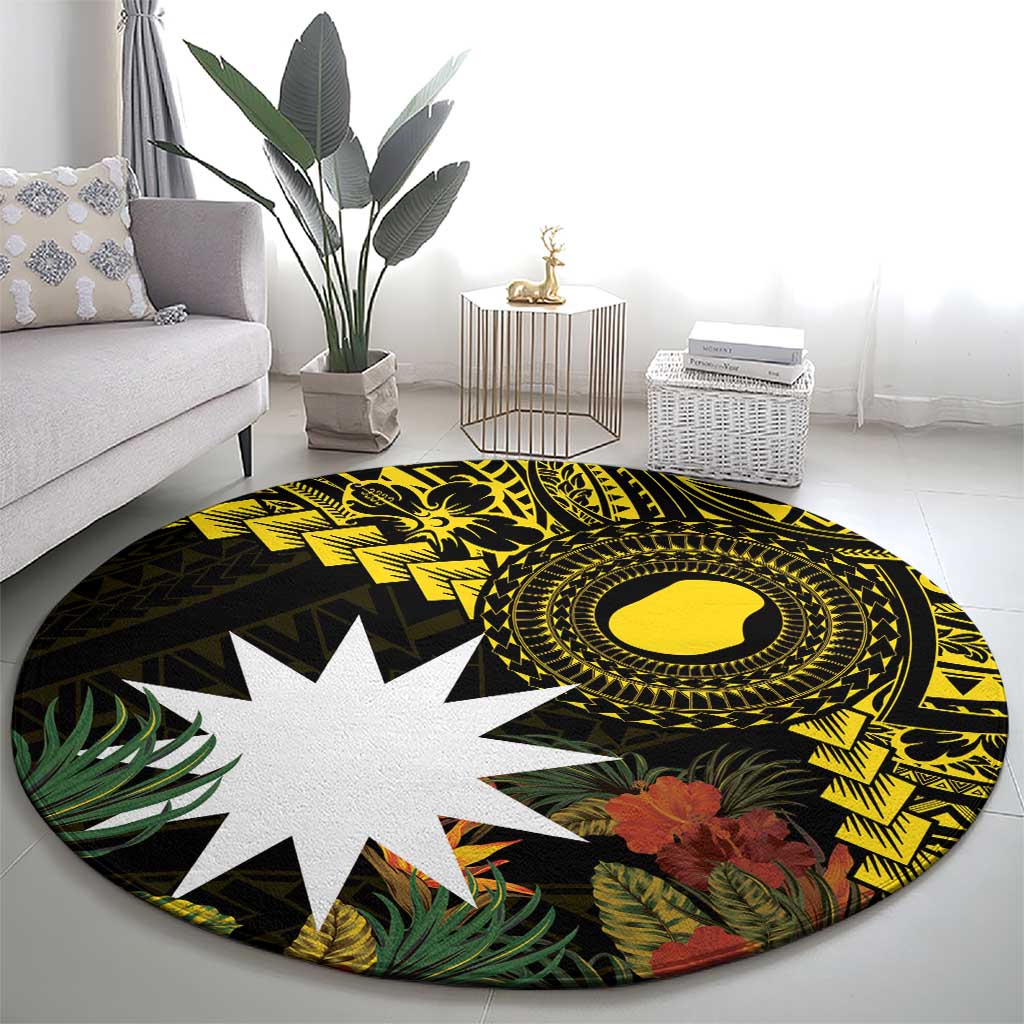 Gold Nauru Round Carpet Naoero Map With Polynesian Tropical Flowers LT14 - Polynesian Pride