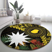 Gold Nauru Round Carpet Naoero Map With Polynesian Tropical Flowers LT14 - Polynesian Pride