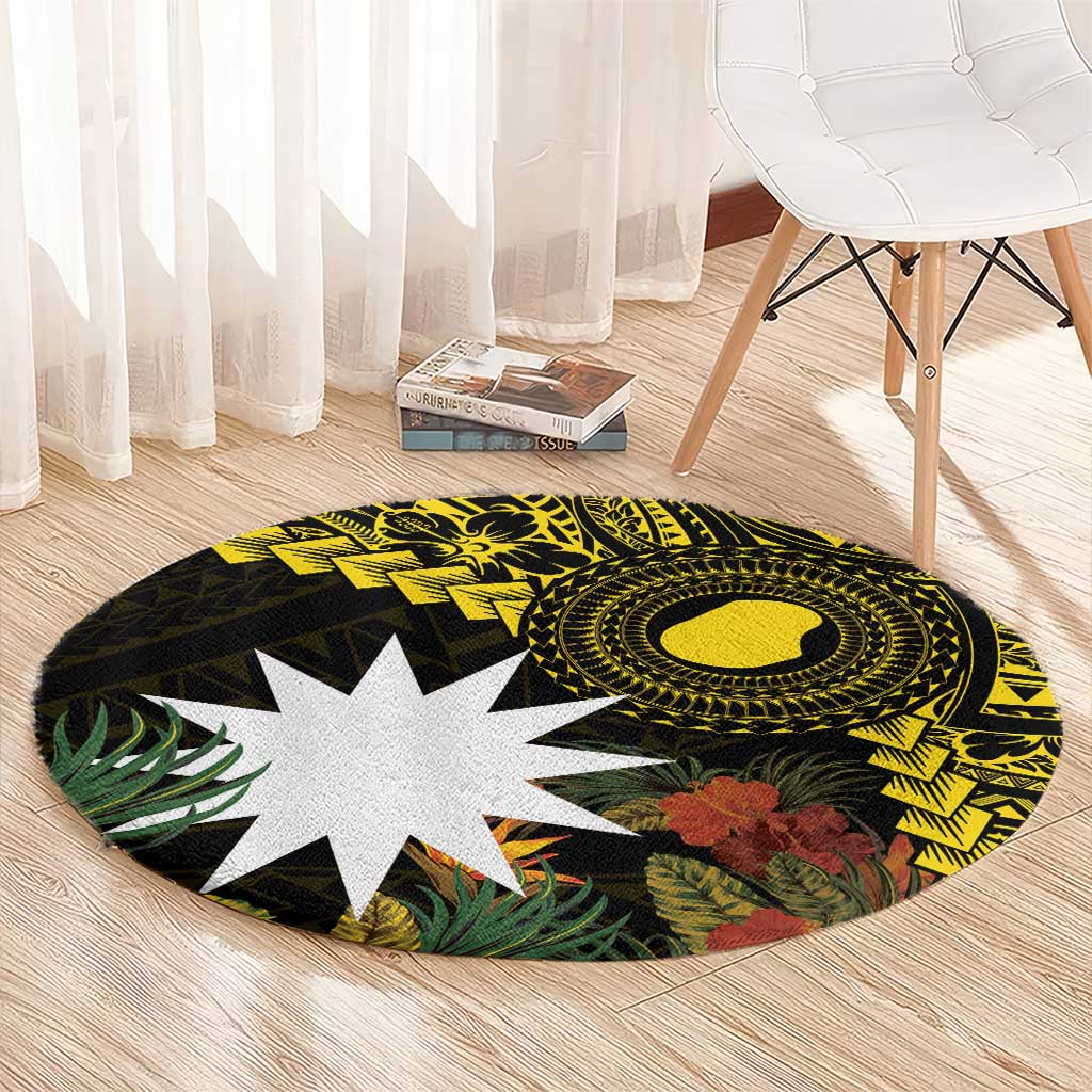 Gold Nauru Round Carpet Naoero Map With Polynesian Tropical Flowers LT14 - Polynesian Pride