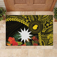 Gold Nauru Rubber Doormat Naoero Map With Polynesian Tropical Flowers LT14 Gold - Polynesian Pride
