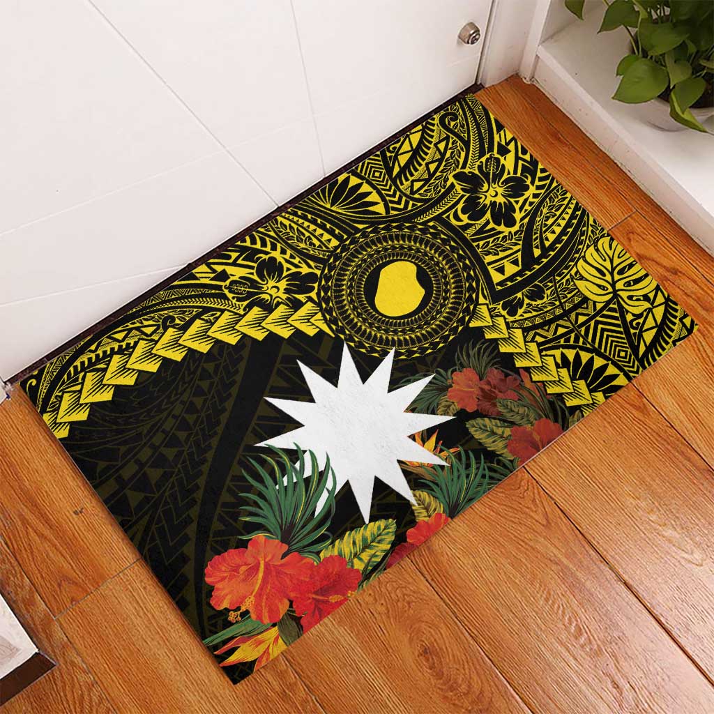 Gold Nauru Rubber Doormat Naoero Map With Polynesian Tropical Flowers LT14 - Polynesian Pride
