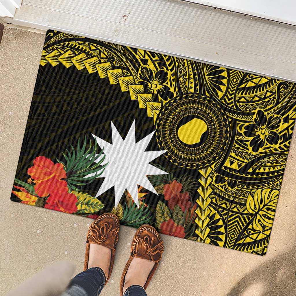 Gold Nauru Rubber Doormat Naoero Map With Polynesian Tropical Flowers LT14 - Polynesian Pride