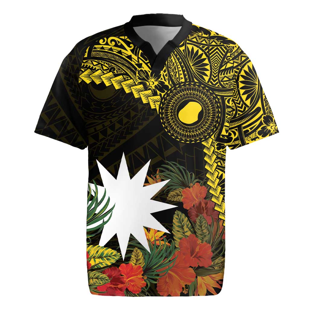 Gold Nauru Rugby Jersey Naoero Map With Polynesian Tropical Flowers LT14 Gold - Polynesian Pride