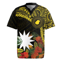 Gold Nauru Rugby Jersey Naoero Map With Polynesian Tropical Flowers LT14 Gold - Polynesian Pride