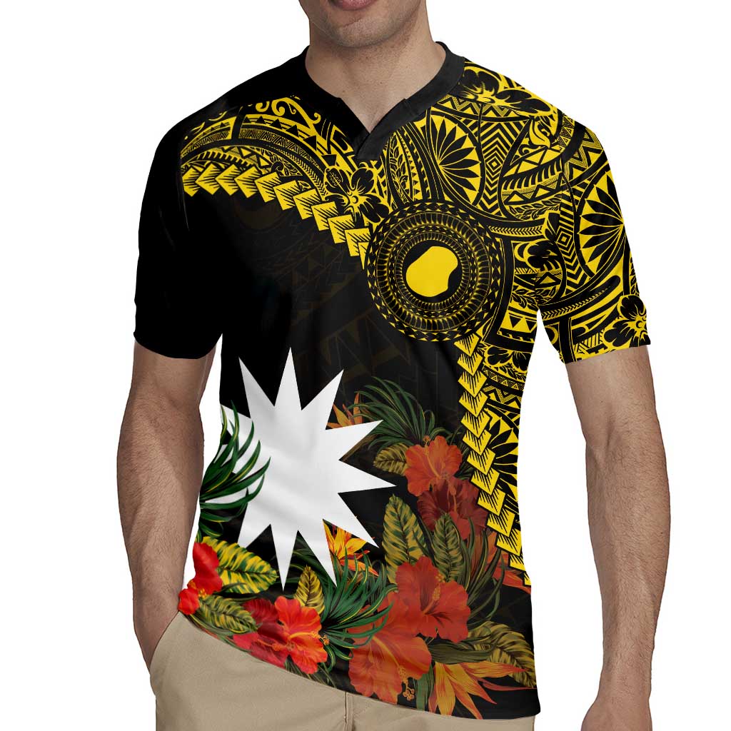 Gold Nauru Rugby Jersey Naoero Map With Polynesian Tropical Flowers LT14 - Polynesian Pride