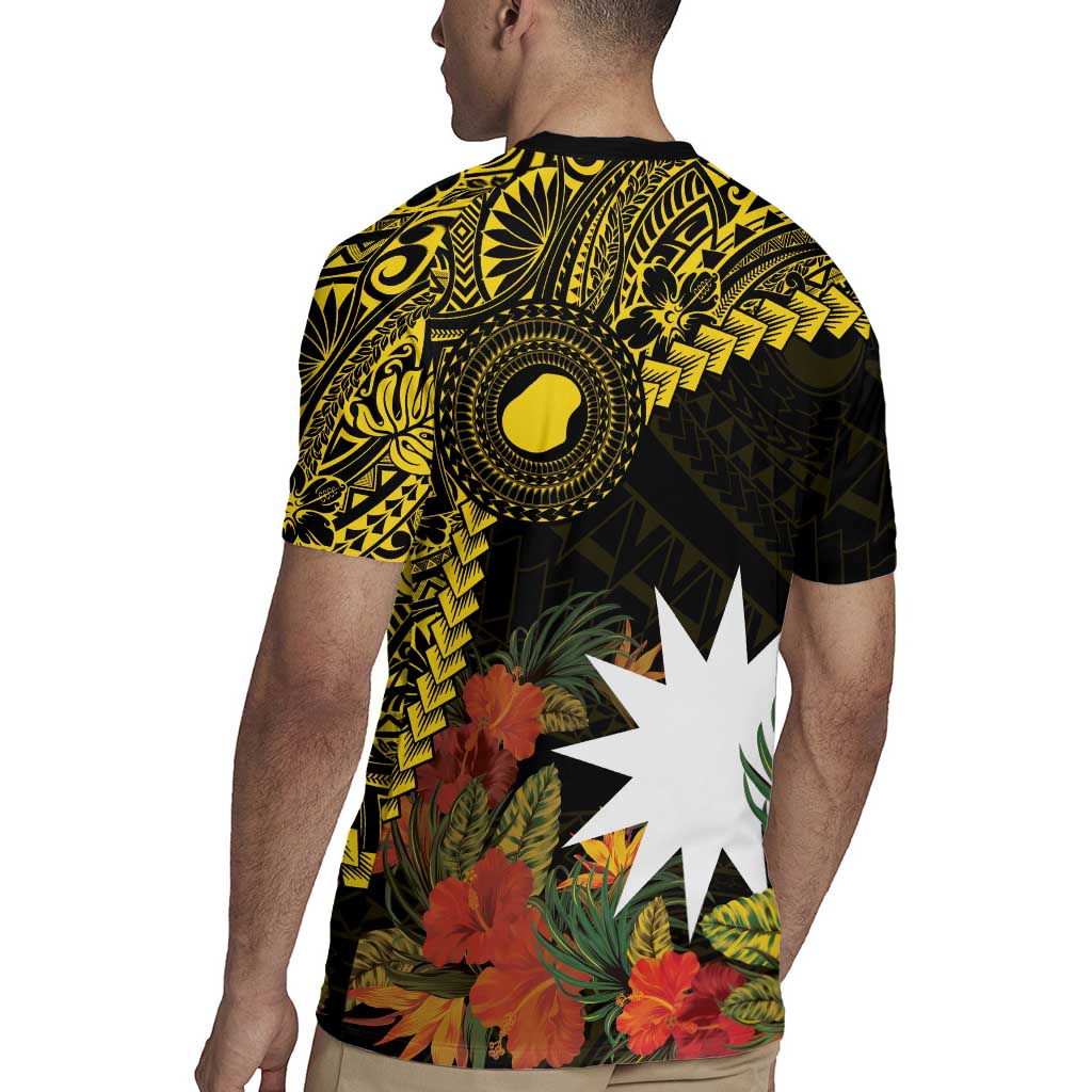 Gold Nauru Rugby Jersey Naoero Map With Polynesian Tropical Flowers LT14 - Polynesian Pride