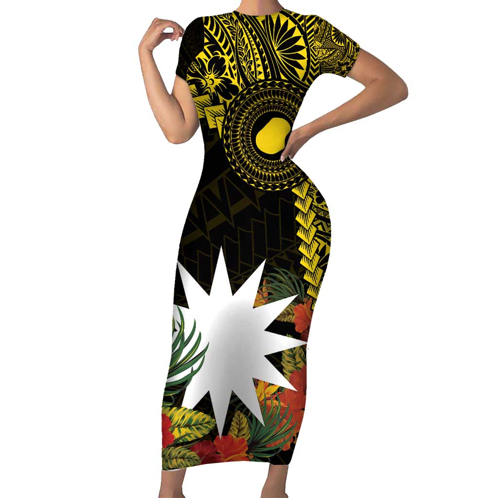 Gold Nauru Short Sleeve Bodycon Dress Naoero Map With Polynesian Tropical Flowers LT14 Long Dress Gold - Polynesian Pride
